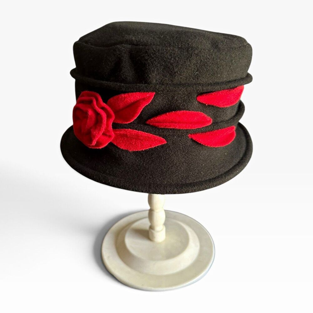 Old Hollywood Black Wool Cloche Hat Red Rose Holiday Party Church Derby Winter